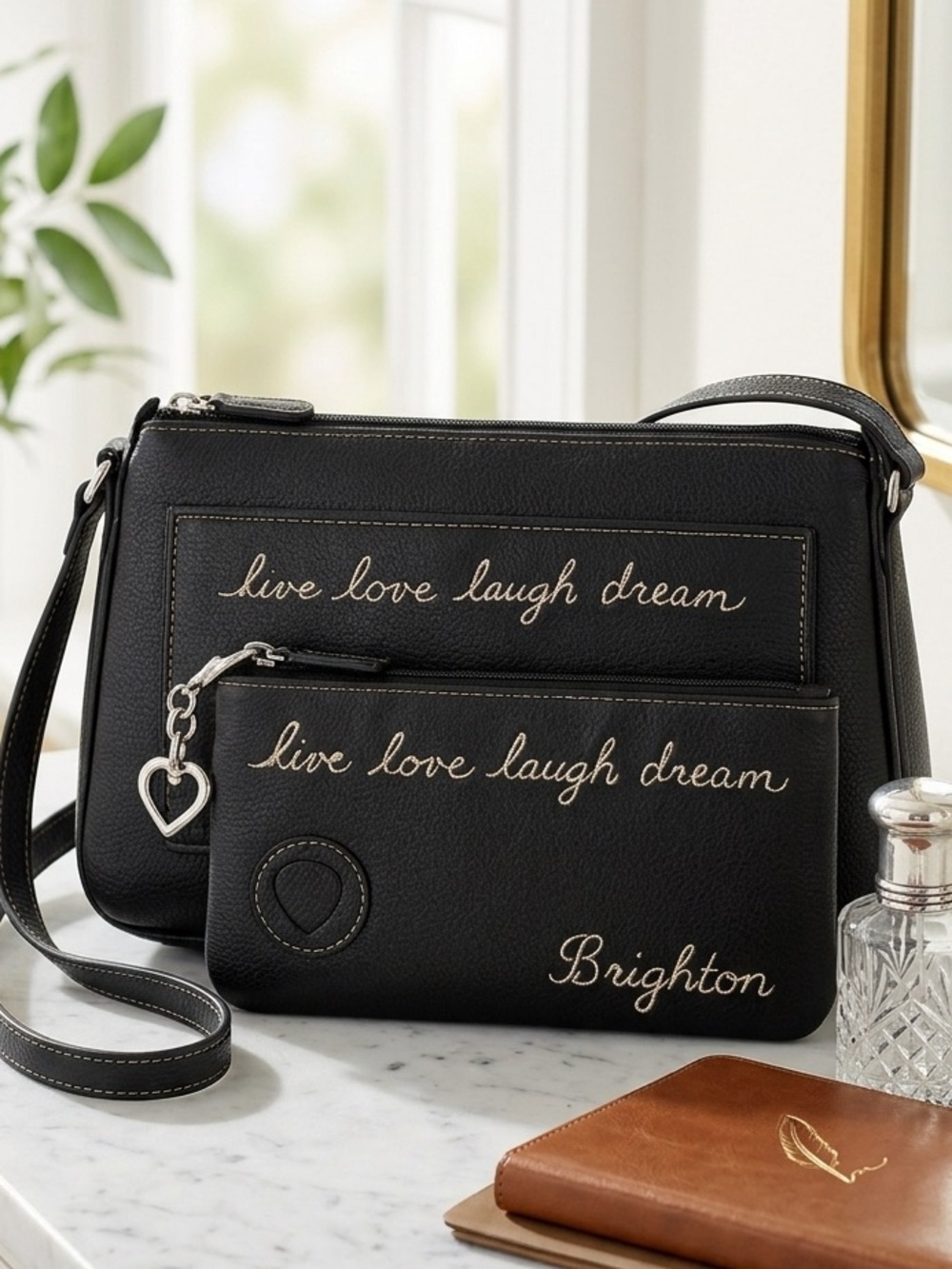 2 Pc. Brighton Black Leather Shoulder Bag and Wallet Matching Set - Picture 1 of 6